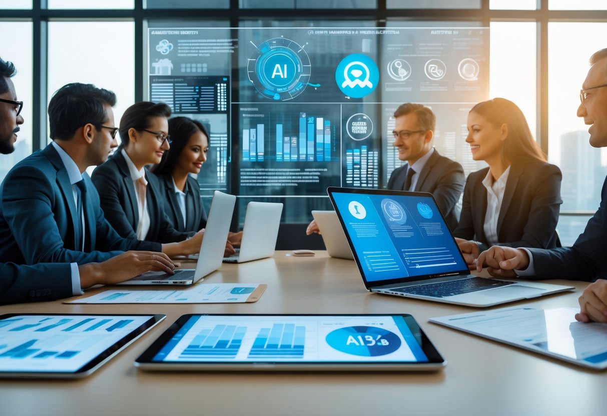 Des professionnels en réunion dans un bureau moderne, analysant des graphiques et des données sur des écrans numériques liés à l'intelligence artificielle et à la compétitivité des prix.