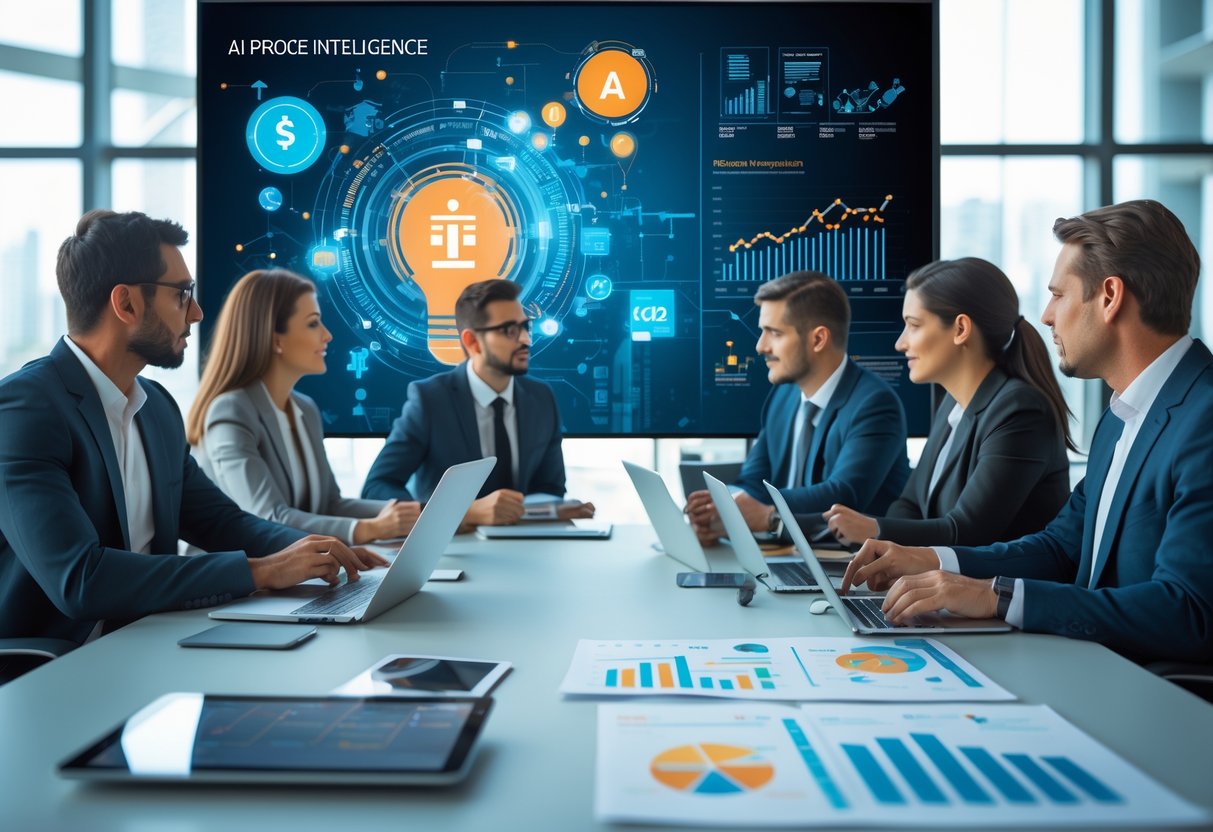 Un groupe de professionnels en réunion dans un bureau moderne avec des ordinateurs et des graphiques affichant des données sur l'intelligence artificielle et la compétitivité des prix.