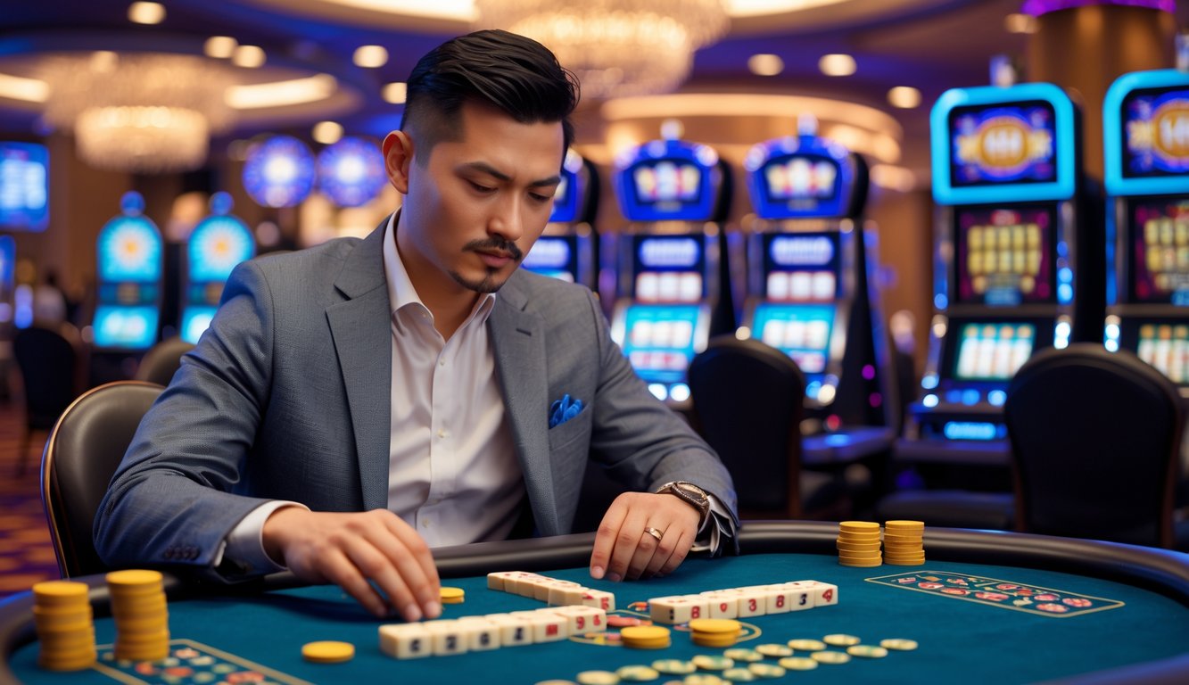 Seorang pria duduk di meja kasino bermain Mahjong dengan suasana kasino modern di latar belakang.