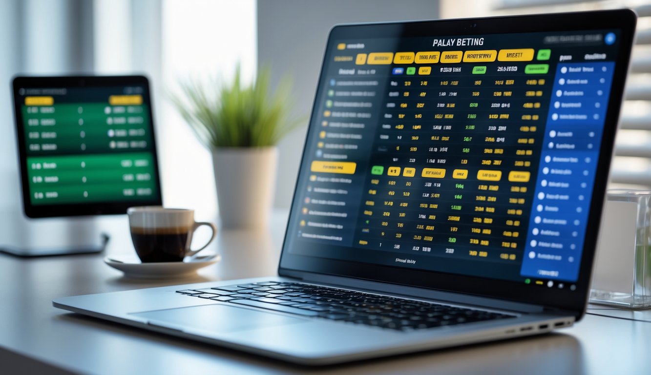 Seorang pria menggunakan laptop di meja kerja dengan tampilan taruhan olahraga online di layar.