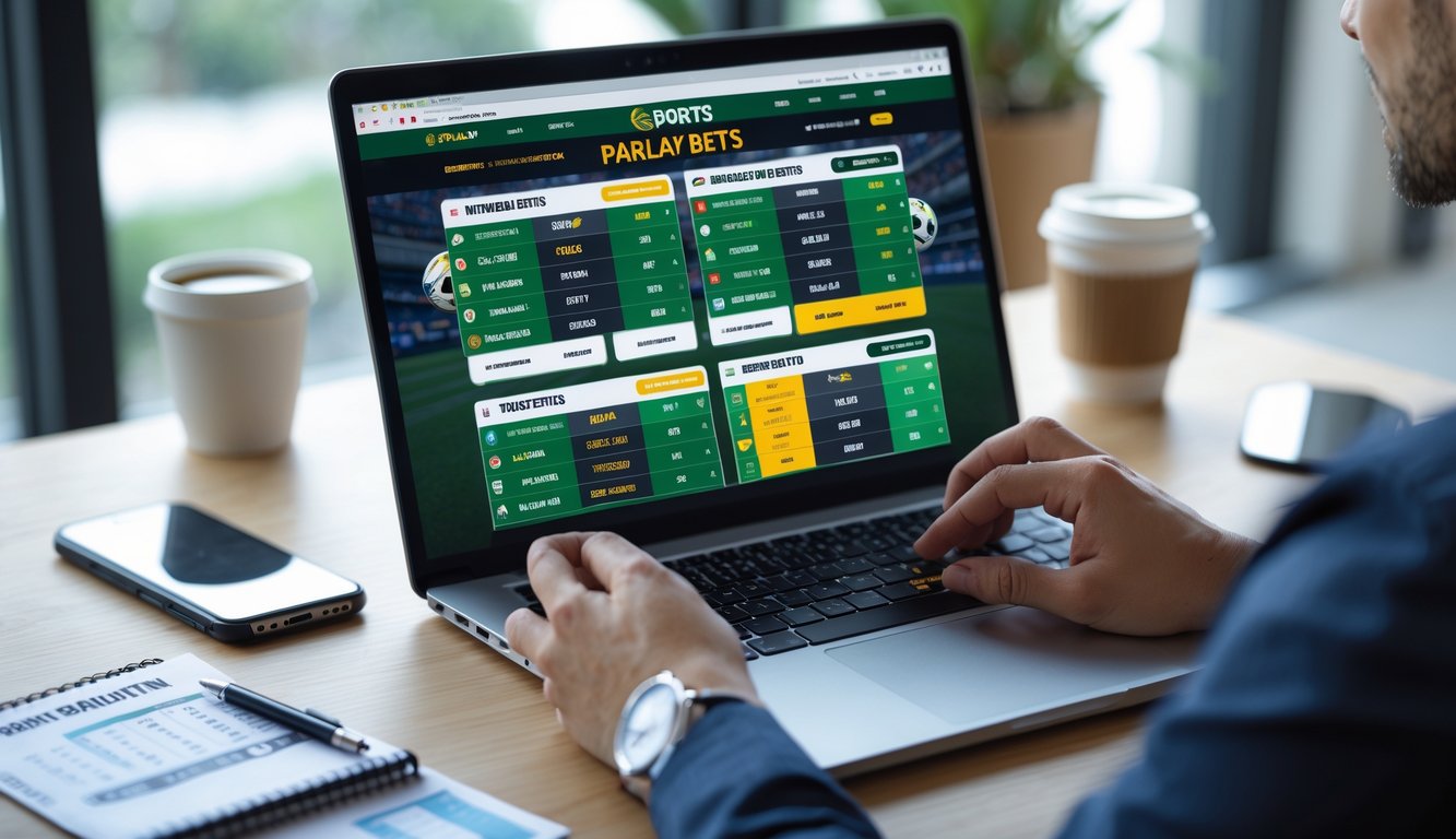 Seorang pengguna sedang menggunakan laptop untuk memasang taruhan parlay pada situs bandar bola online di meja kerja.
