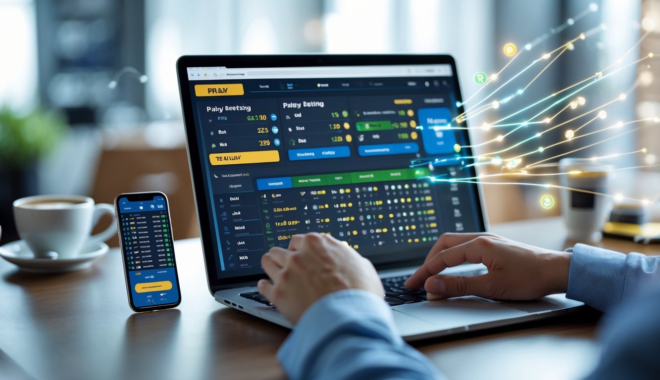Seseorang menggunakan laptop dengan tampilan taruhan olahraga online di layar, di meja kerja modern dengan smartphone dan cangkir kopi.