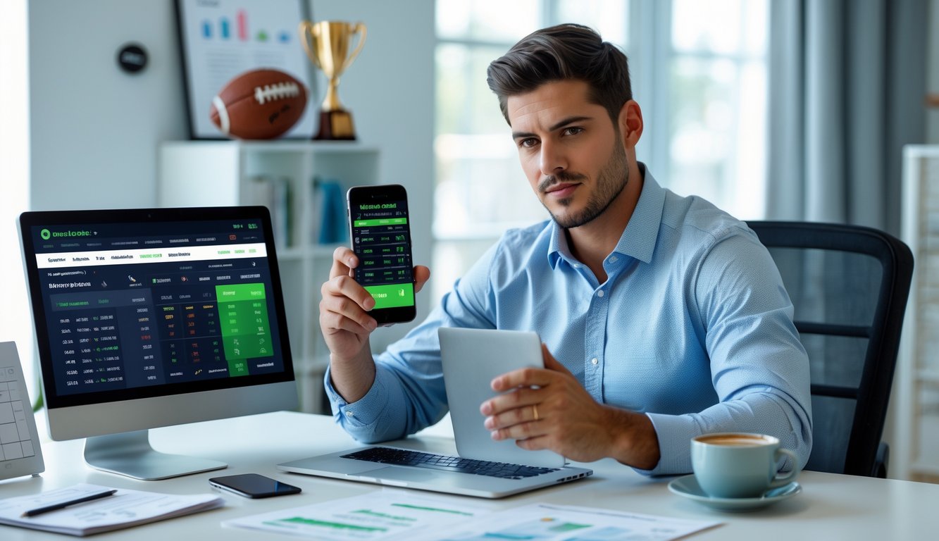 Seorang pria muda duduk di meja dengan beberapa perangkat digital, fokus menganalisis data taruhan olahraga di ruang kerja yang terang dan rapi.