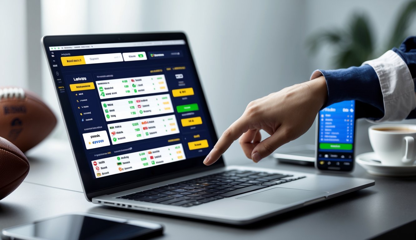 Seseorang menggunakan laptop di meja dengan tampilan situs taruhan bola online dan bola sepak di sampingnya.