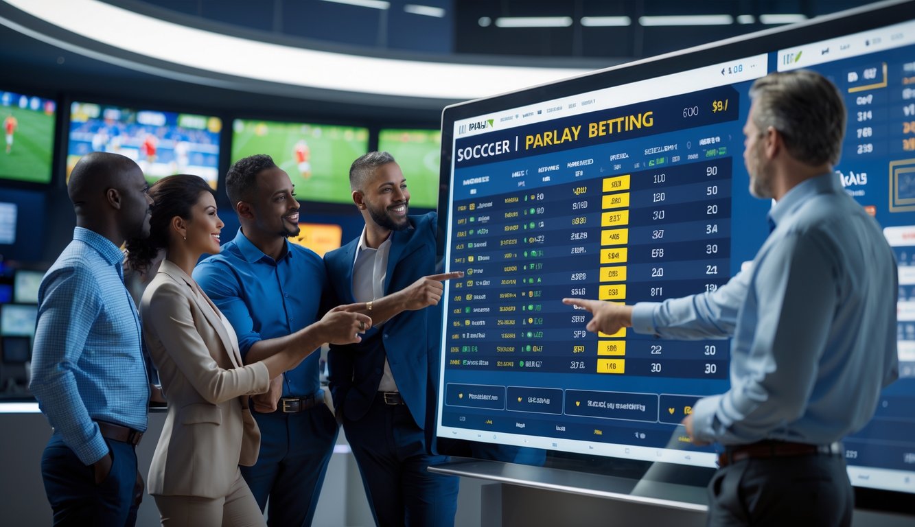 Sekelompok orang sedang berkumpul di sekitar layar sentuh besar yang menampilkan peluang taruhan sepak bola, dalam suasana sportsbook modern.