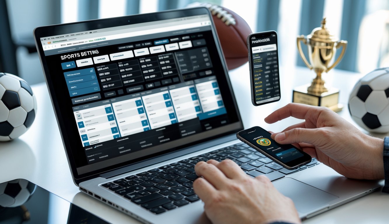 Seseorang menggunakan laptop dan ponsel untuk memasang taruhan parlay di situs bandar bola online dengan bola sepak dan trofi kecil di meja.