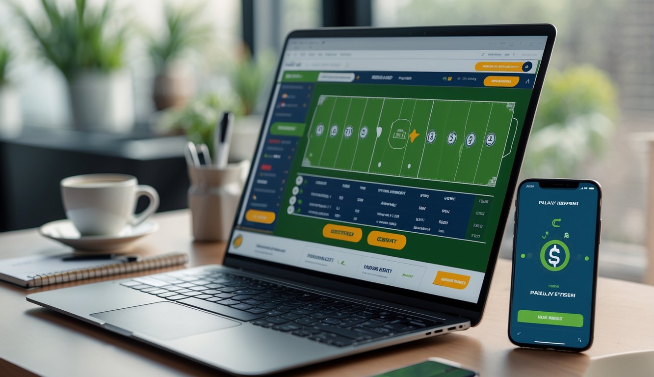 Seorang pria menggunakan laptop dan ponsel untuk memasang taruhan bola secara online dengan suasana kerja yang modern dan profesional.