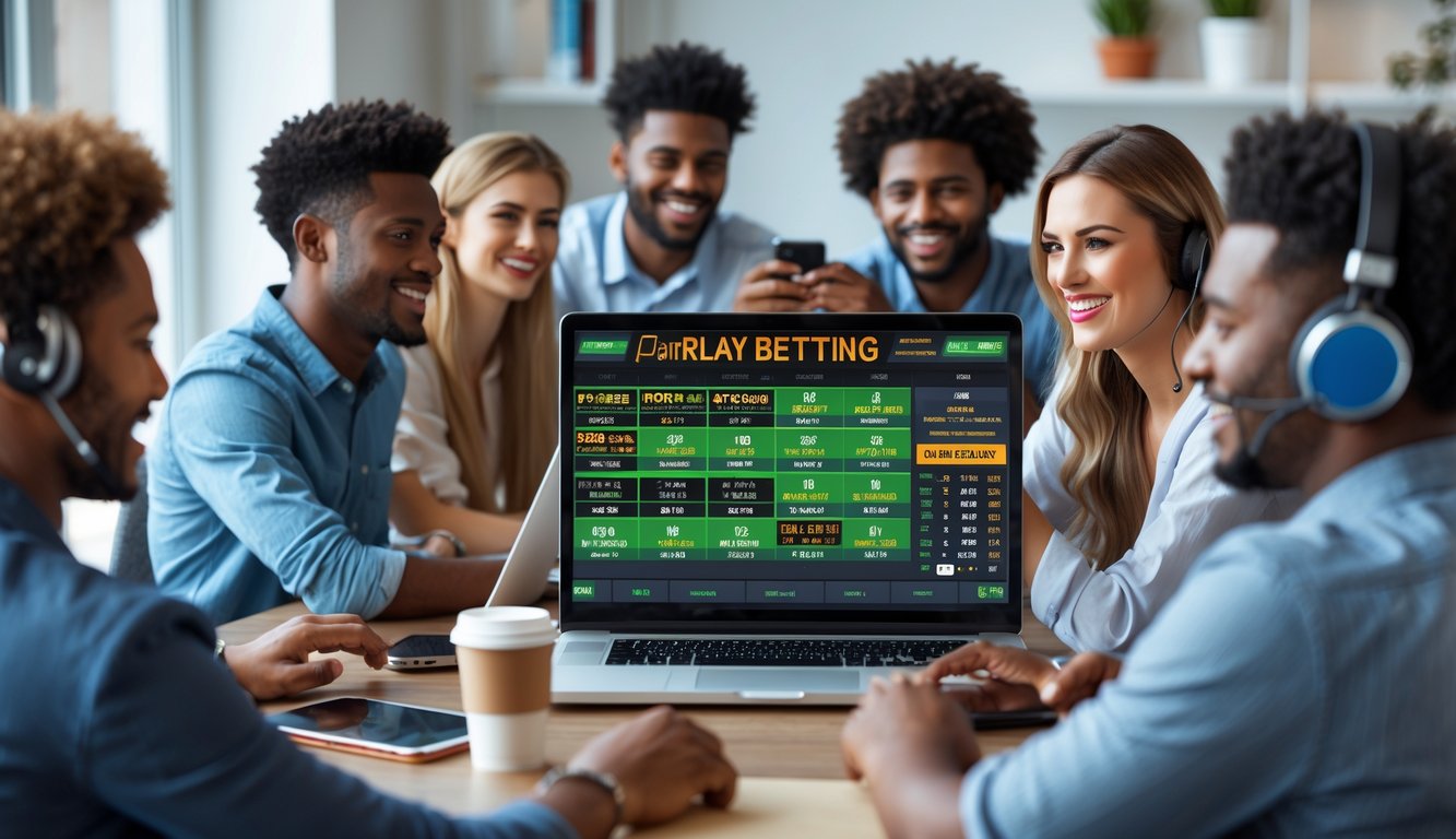 Beberapa orang muda sedang menggunakan laptop dan ponsel untuk bertaruh pada pertandingan olahraga secara online.