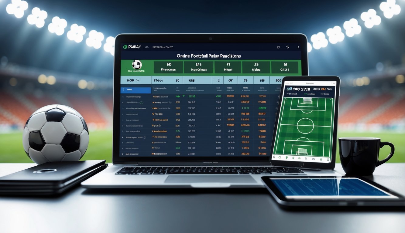 Meja kerja dengan laptop yang menampilkan statistik pertandingan sepak bola dan taruhan, bola sepak, tablet dengan aplikasi taruhan olahraga, dan latar belakang stadion sepak bola.