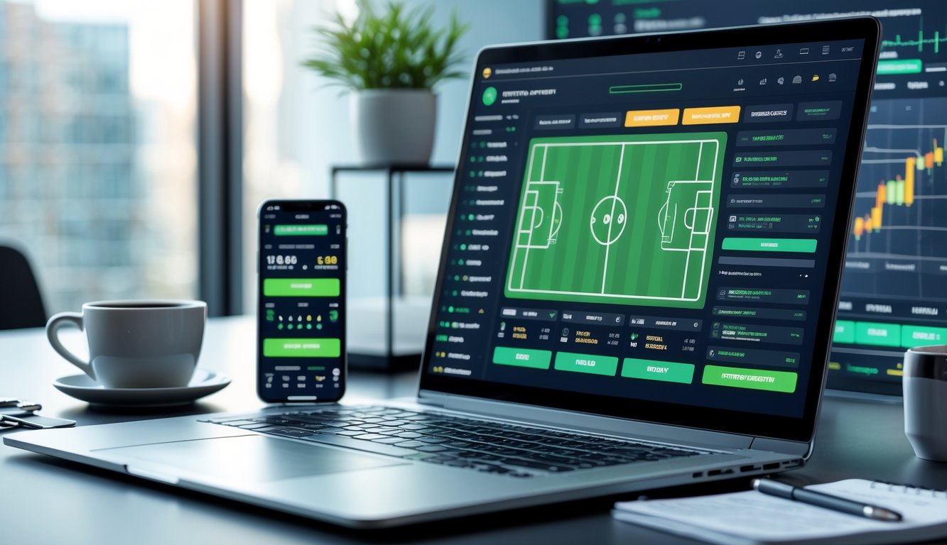 Seorang pengguna bekerja dengan laptop dan smartphone yang menampilkan antarmuka taruhan bola online di meja kerja modern.
