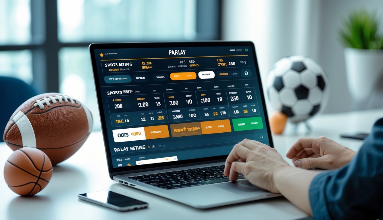 Seorang profesional sedang menggunakan komputer dengan tampilan taruhan olahraga parlay, dikelilingi bola sepak bola dan bola basket di meja kerja yang rapi.