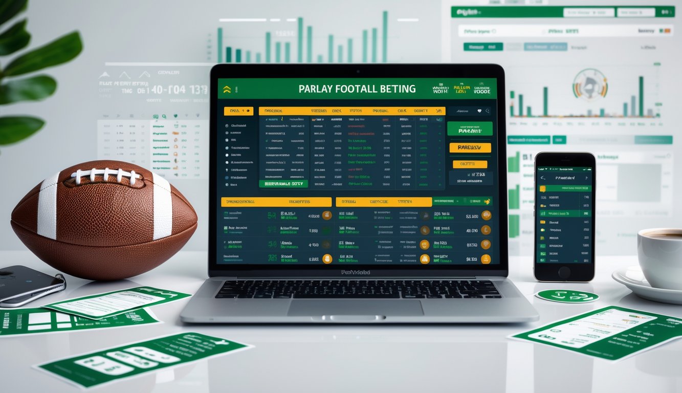 Seorang pengguna duduk di depan laptop dengan tampilan taruhan sepak bola online lengkap, di meja terdapat bola sepak dan ponsel yang menampilkan pembaruan pertandingan.