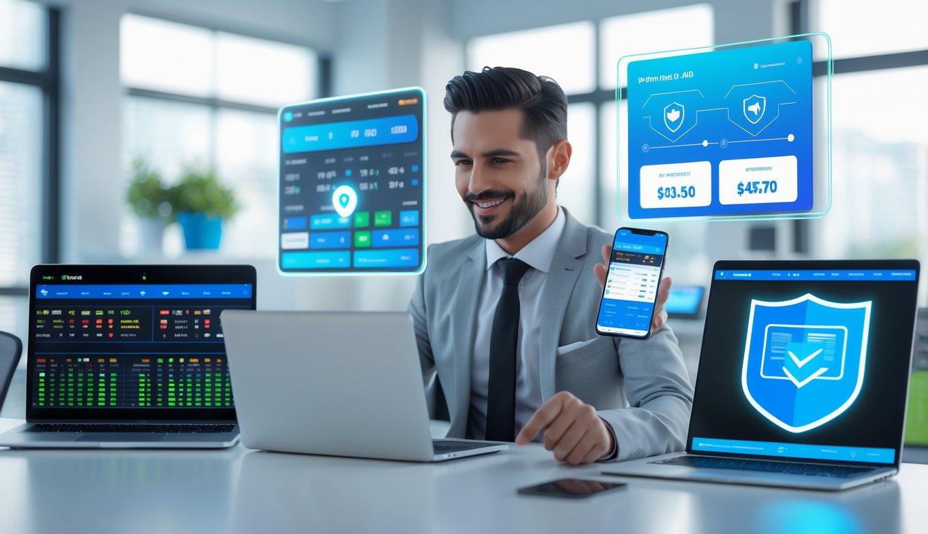 Seorang pria bisnis di kantor modern menggunakan beberapa perangkat digital yang menampilkan data taruhan olahraga dan transaksi pembayaran cepat dan aman.