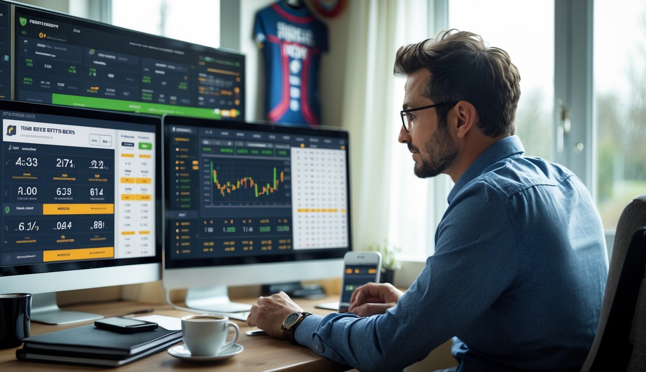Seorang pria duduk di meja dengan laptop dan beberapa layar menampilkan data taruhan bola, fokus menganalisis informasi taruhan online.