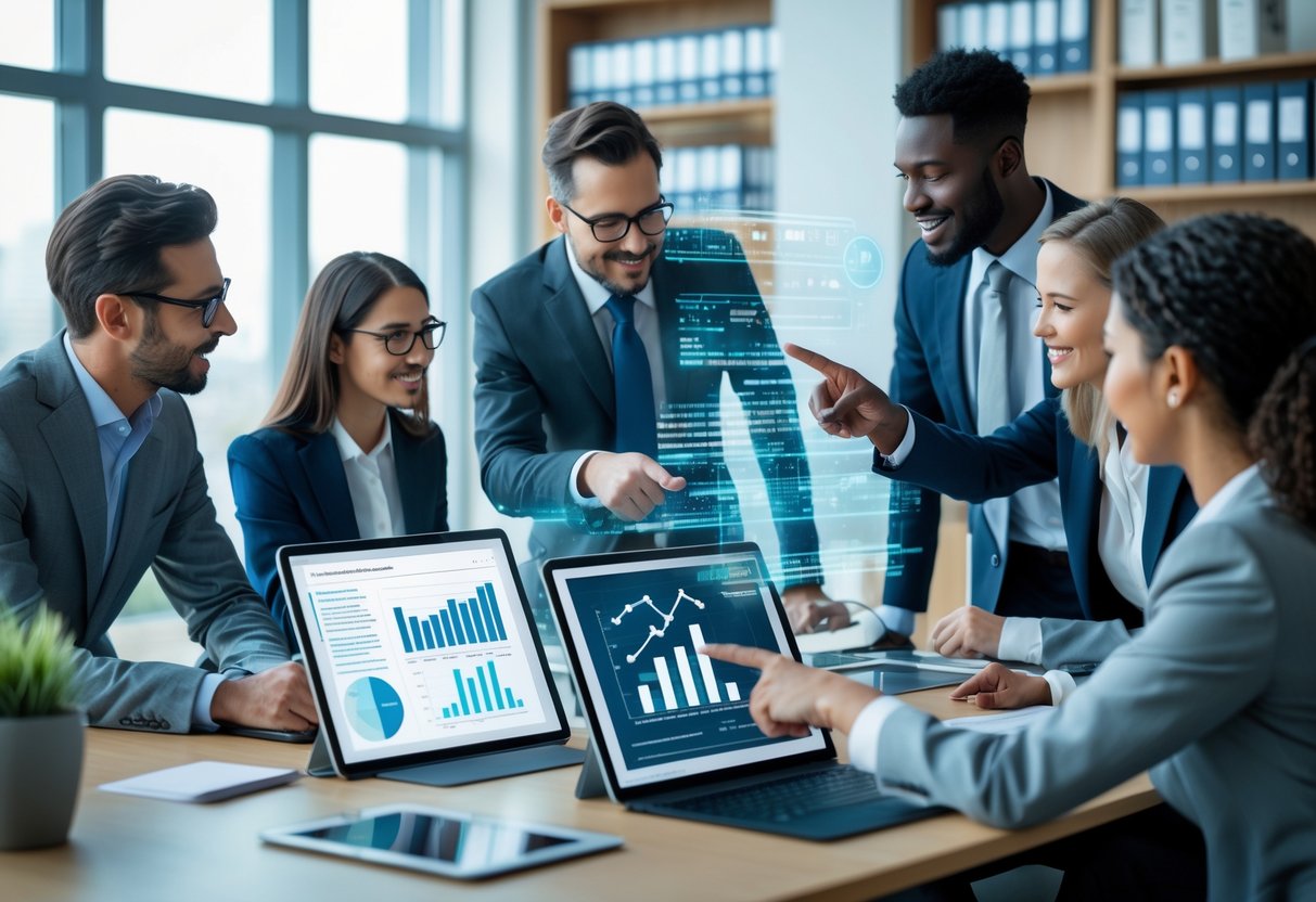Un groupe de professionnels travaillant ensemble autour d'un bureau avec des ordinateurs et des écrans numériques affichant des documents et des graphiques, dans un bureau moderne lumineux.