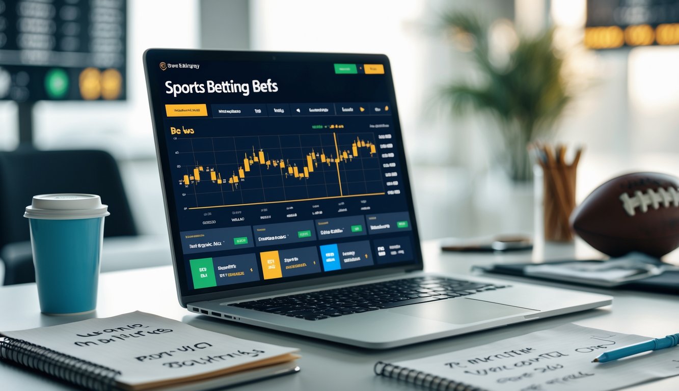 Seorang pengguna duduk di depan laptop dengan tampilan situs taruhan olahraga online, dikelilingi oleh cangkir kopi, ponsel, dan catatan strategi taruhan.