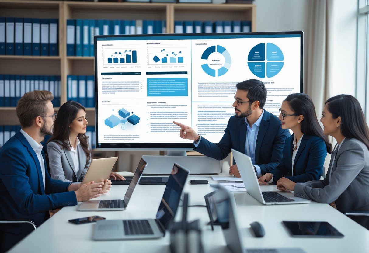 Des professionnels collaborent autour d'un bureau avec des ordinateurs affichant des données et des documents, dans un bureau moderne.