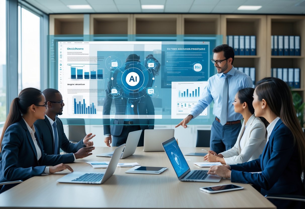 Des professionnels collaborent autour d'une table dans un bureau lumineux avec des écrans numériques affichant des graphiques et des documents liés à l'intelligence artificielle et à la rédaction administrative.