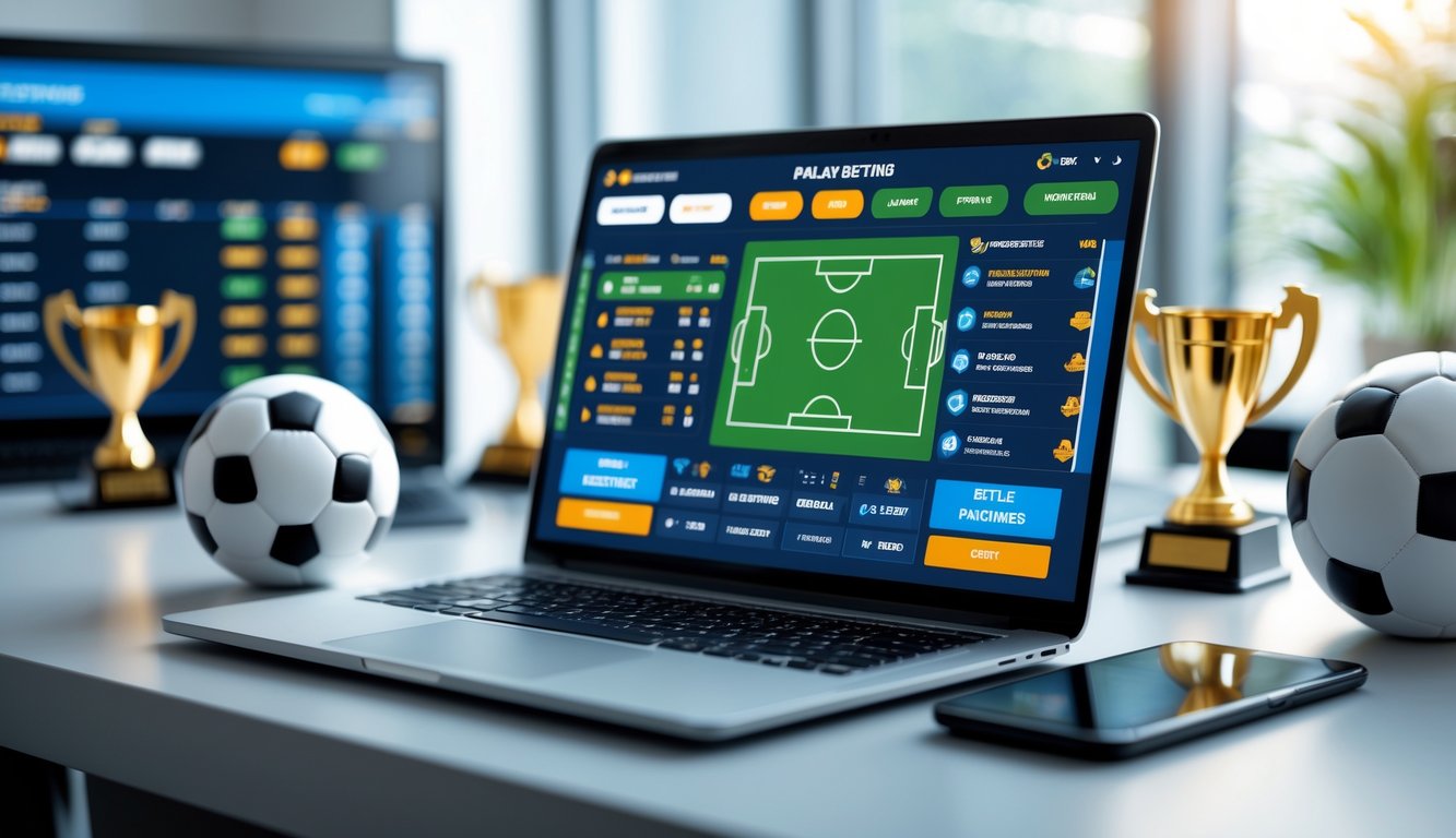 Seorang pria menggunakan laptop dengan tampilan situs taruhan bola online dan bola sepak di meja.