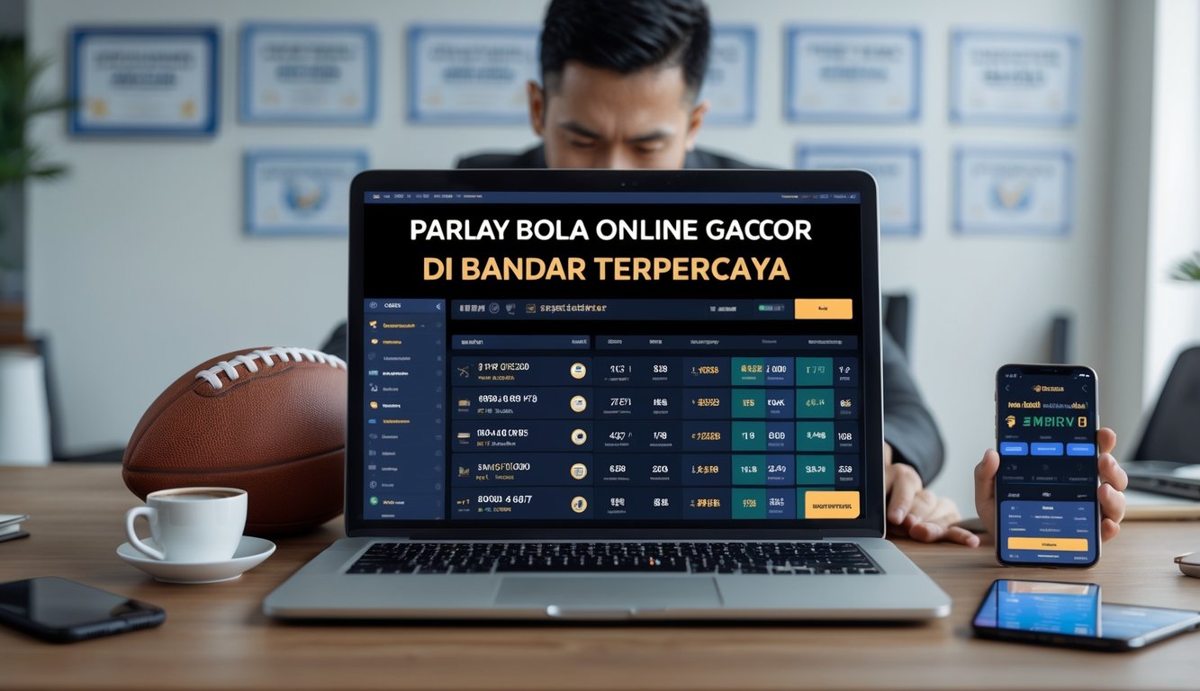 Seseorang menggunakan laptop di meja kerja dengan bola sepak dan ponsel di sekitar, menunjukkan aktivitas taruhan olahraga online.