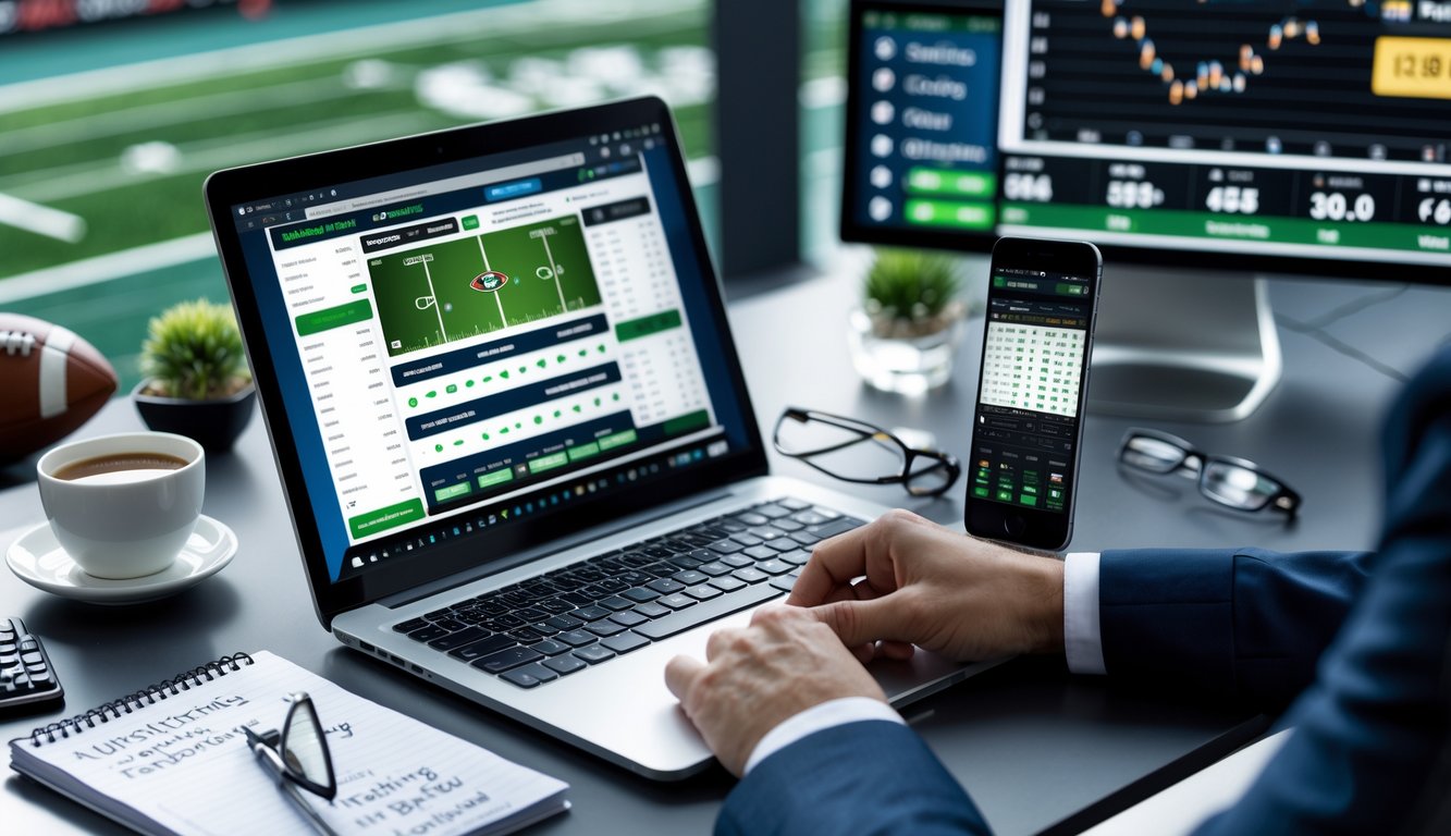 Meja kerja dengan laptop menampilkan situs taruhan olahraga, ponsel menunjukkan pertandingan sepak bola langsung, dan catatan strategi di samping kopi dan kacamata.
