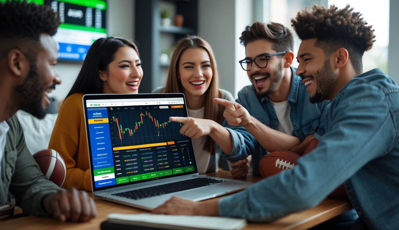 Sekelompok orang muda berkumpul di sekitar laptop yang menampilkan antarmuka taruhan olahraga online, terlihat bersemangat dan fokus.