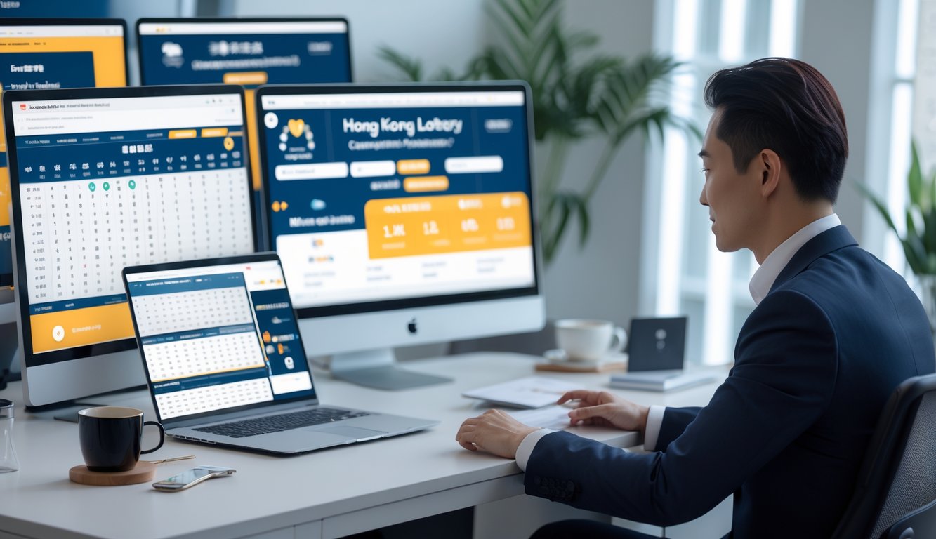 Seorang agen profesional sedang bekerja di kantor modern dengan beberapa layar komputer menampilkan angka togel, berinteraksi dengan klien melalui panggilan video.