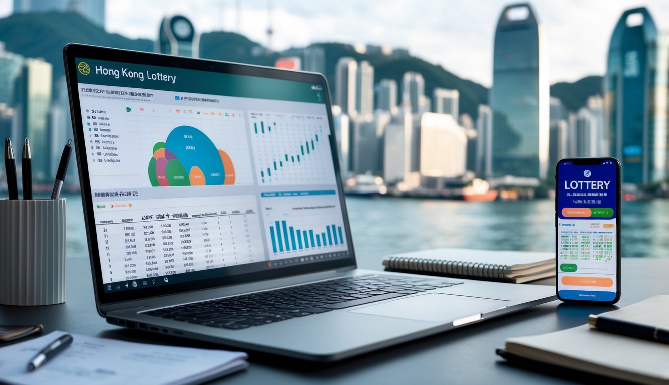Meja kerja modern dengan laptop menampilkan grafik dan angka prediksi togel, ponsel, dan latar belakang kota Hong Kong.