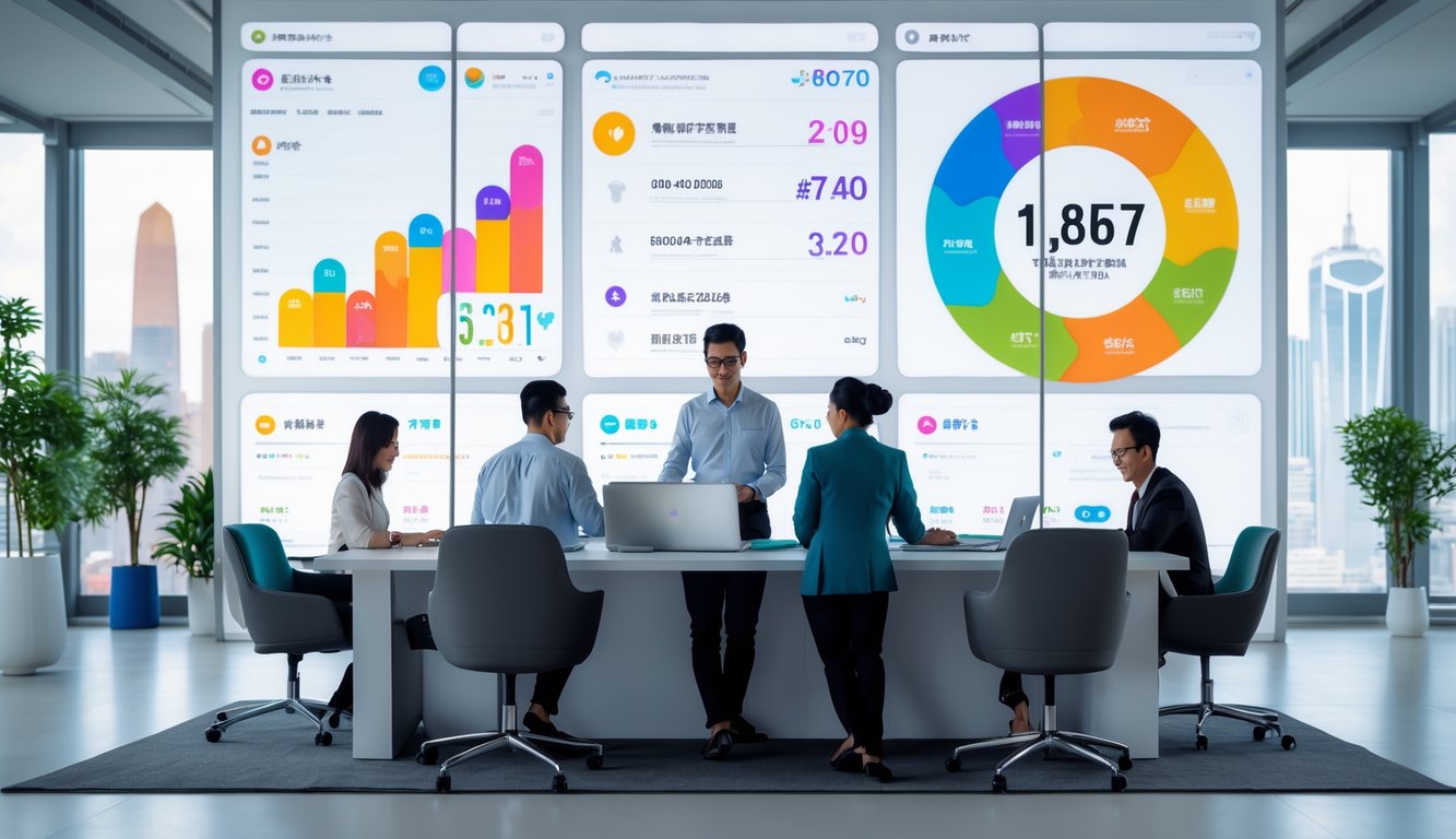 Orang-orang bekerja bersama di kantor modern dengan layar digital menampilkan grafik dan angka terkait layanan togel.