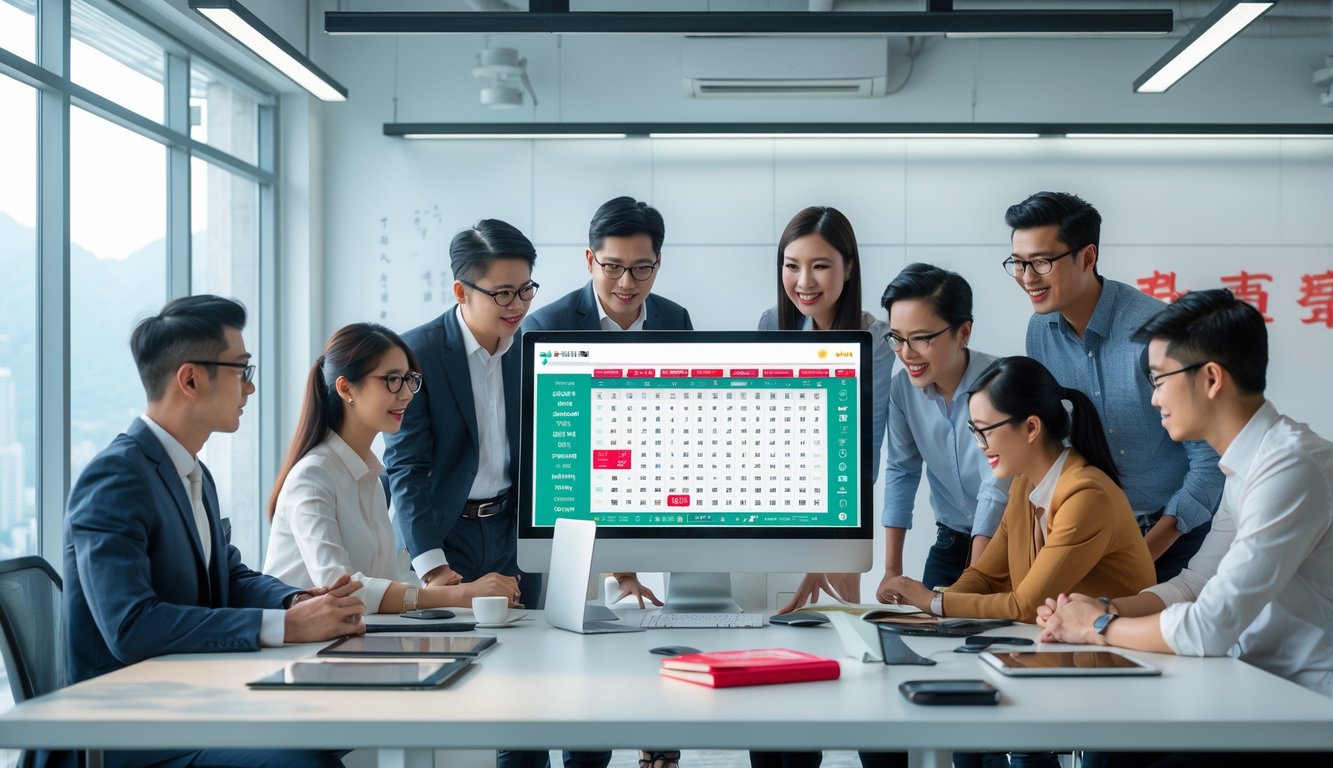 Sekelompok orang muda bekerja bersama di kantor modern dengan layar komputer menampilkan angka togel dan grafik.