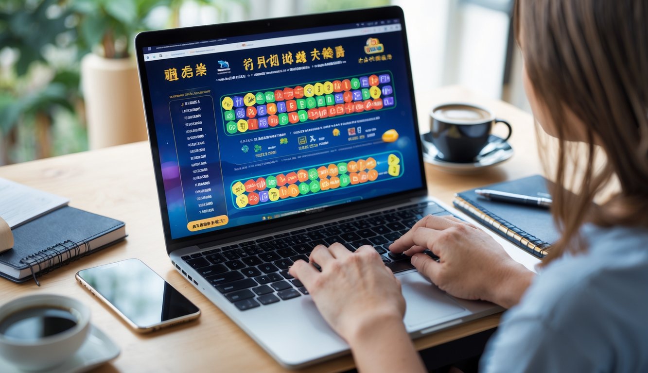 Seseorang menggunakan laptop di meja kerja dengan layar menampilkan permainan togel Hongkong online, dikelilingi oleh smartphone, kopi, dan buku catatan.