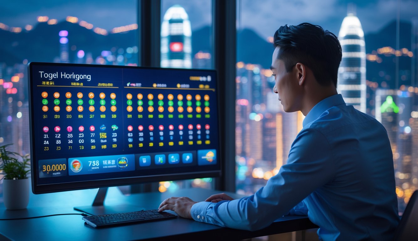 Seorang pria duduk di depan komputer dengan layar menampilkan angka lotere dan grafik, di latar belakang terlihat pemandangan kota Hong Kong pada malam hari.