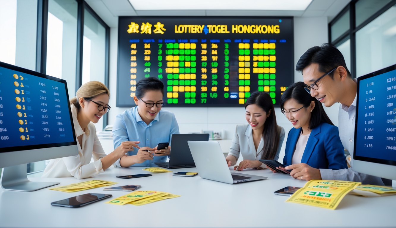 Orang-orang di kantor agen togel Hongkong sedang memeriksa hasil lotere dengan layar digital dan papan jackpot besar di latar belakang.