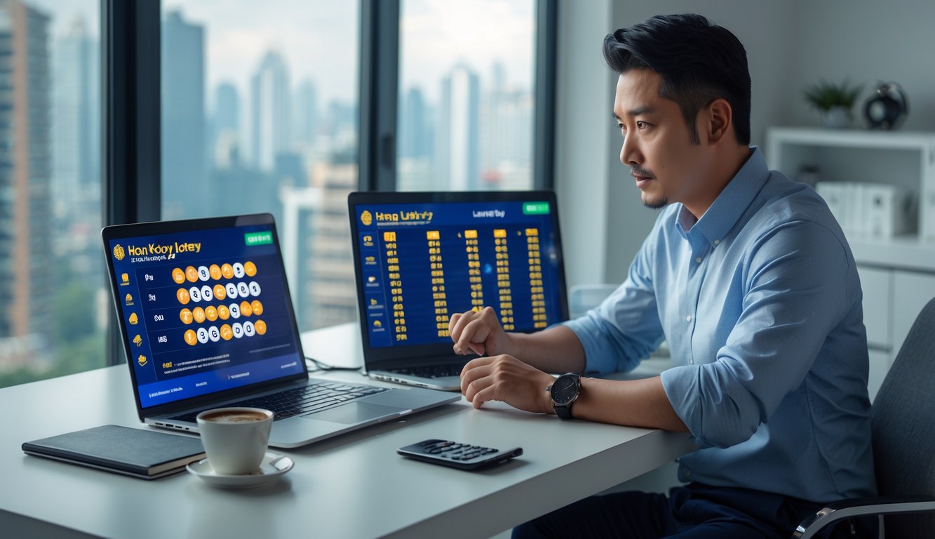 Seorang pria duduk di meja kerja dengan perangkat digital menampilkan angka dan grafik togel, terlihat fokus menganalisis data di ruang kerja modern.