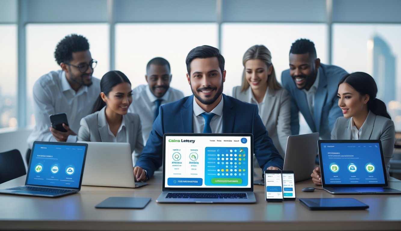 Seorang agen togel online sedang bekerja di kantor modern bersama beberapa rekan dengan perangkat digital di meja.