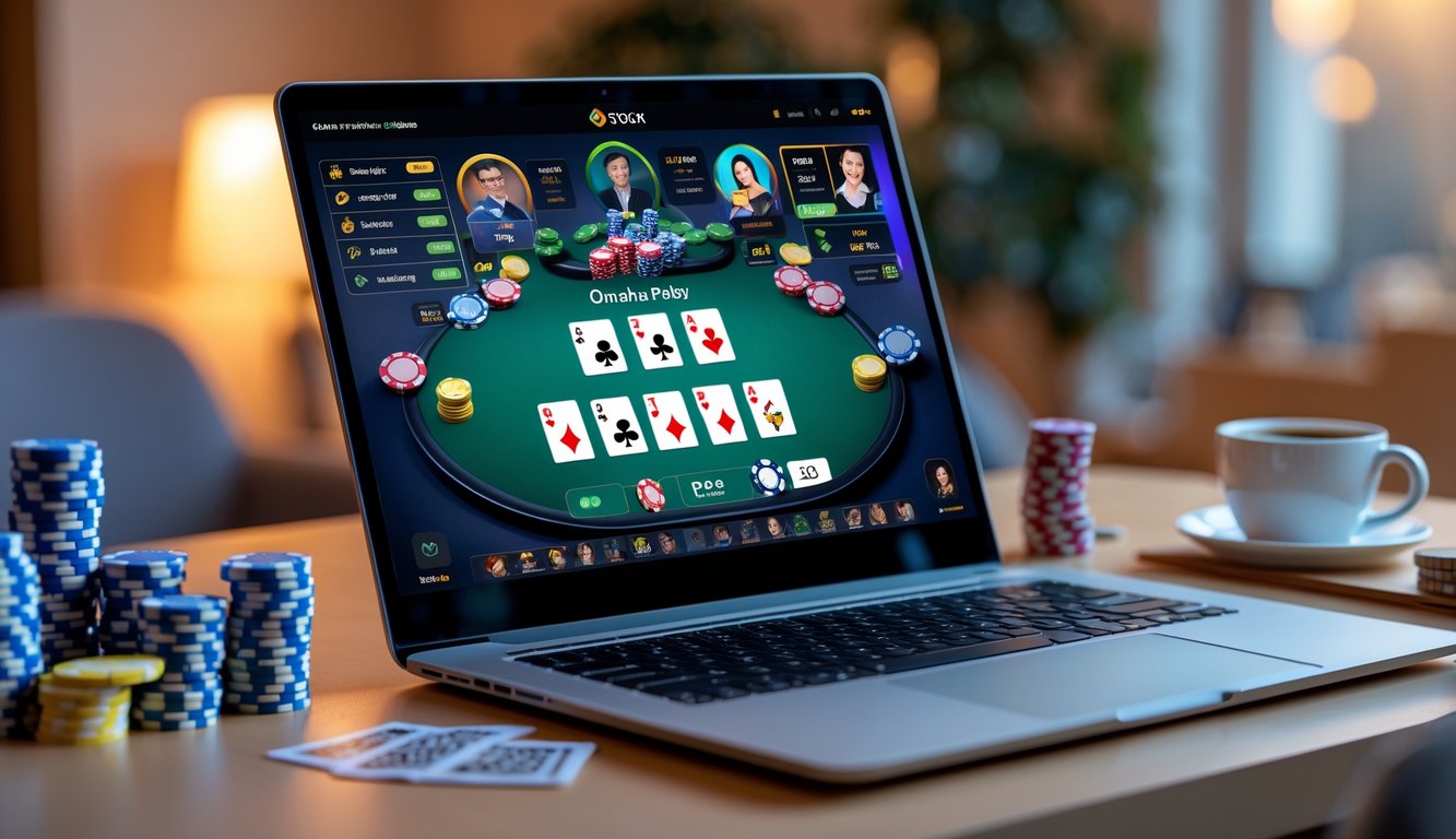 Seorang pemain poker online sedang bermain poker Omaha di depan komputer dengan chip dan kartu di meja.