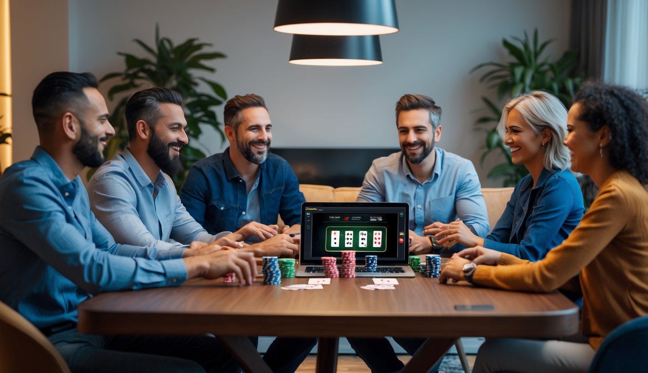 Sekelompok orang dewasa bermain poker Omaha online di ruang tamu modern dengan meja kayu, chip poker, kartu, dan perangkat digital.