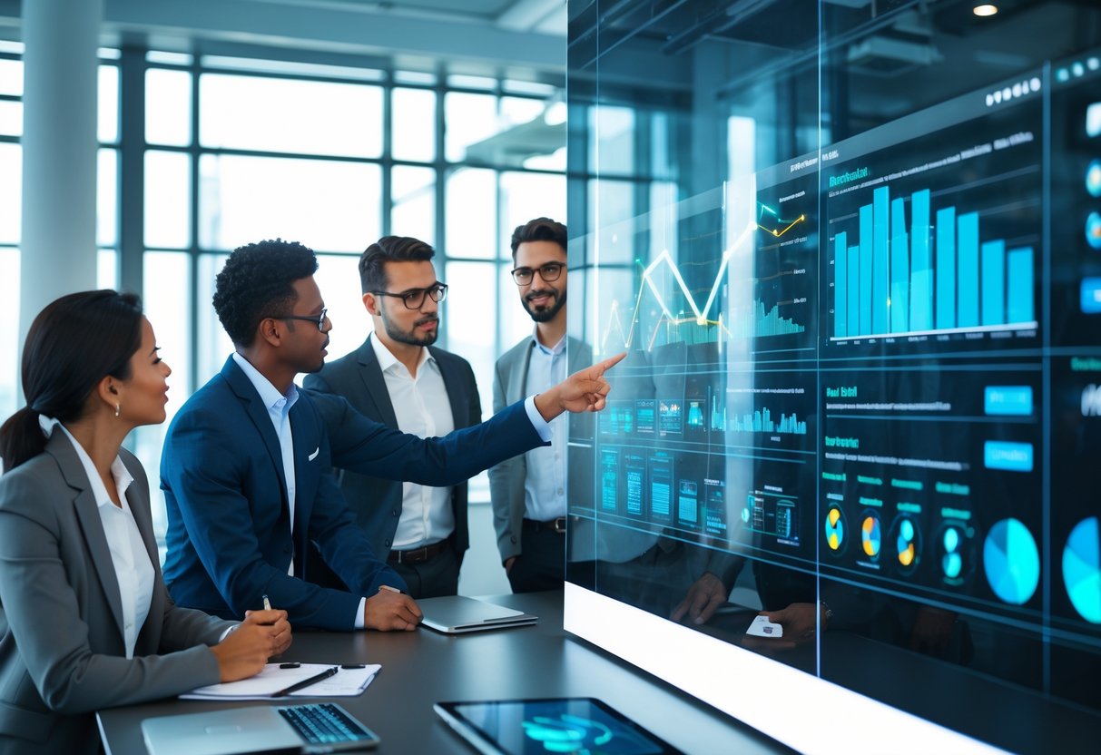 Un groupe de professionnels en réunion dans un bureau moderne, analysant des données sur un écran tactile pour évaluer des offres de marchés publics.