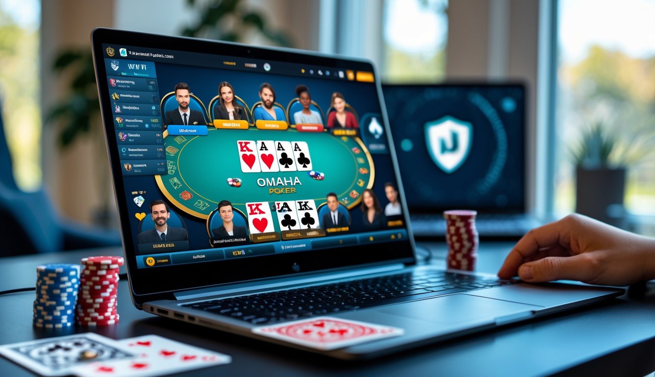 Seseorang bermain poker online Omaha di laptop dengan kartu dan chip poker di meja, menunjukkan suasana taruhan di platform terpercaya.