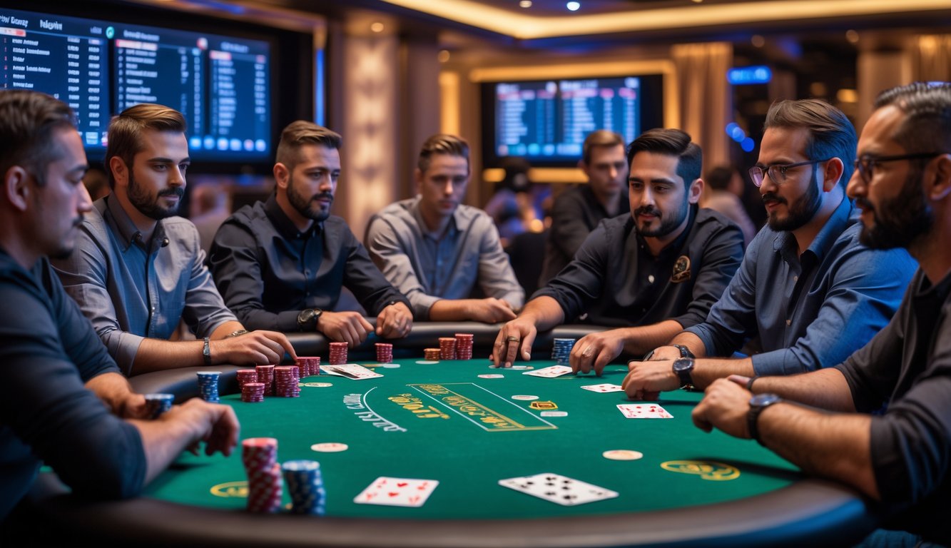 Beberapa pemain duduk di sekitar meja poker hijau bermain Omaha secara langsung di kasino modern.