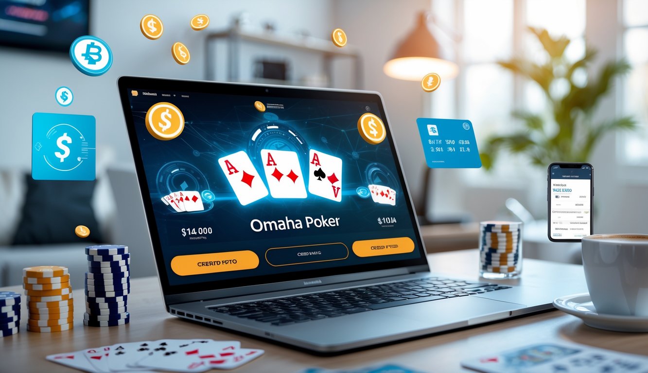 Seseorang bermain poker Omaha online di depan komputer dengan simbol pembayaran cepat di sekitar layar.