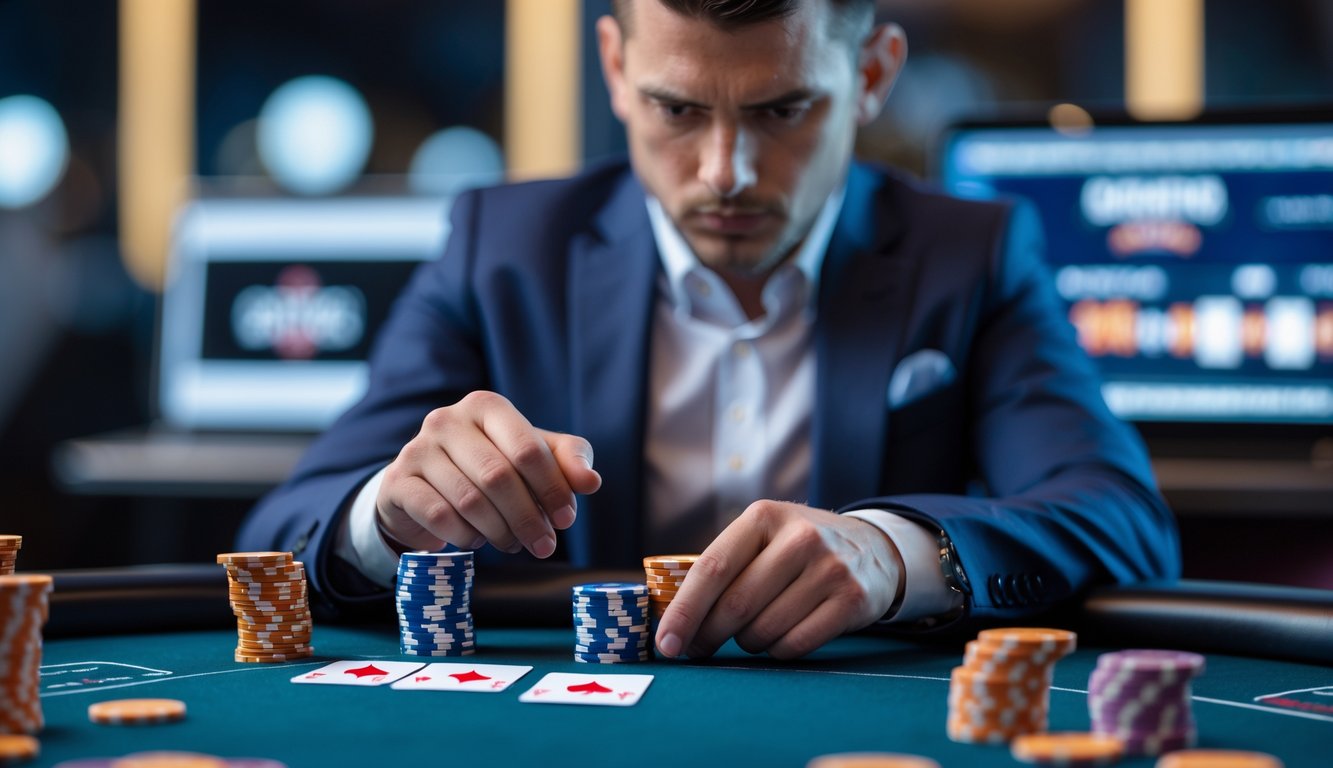 Seorang pemain poker fokus duduk di meja poker dengan kartu dan chip, menggunakan perangkat digital untuk bermain poker online.