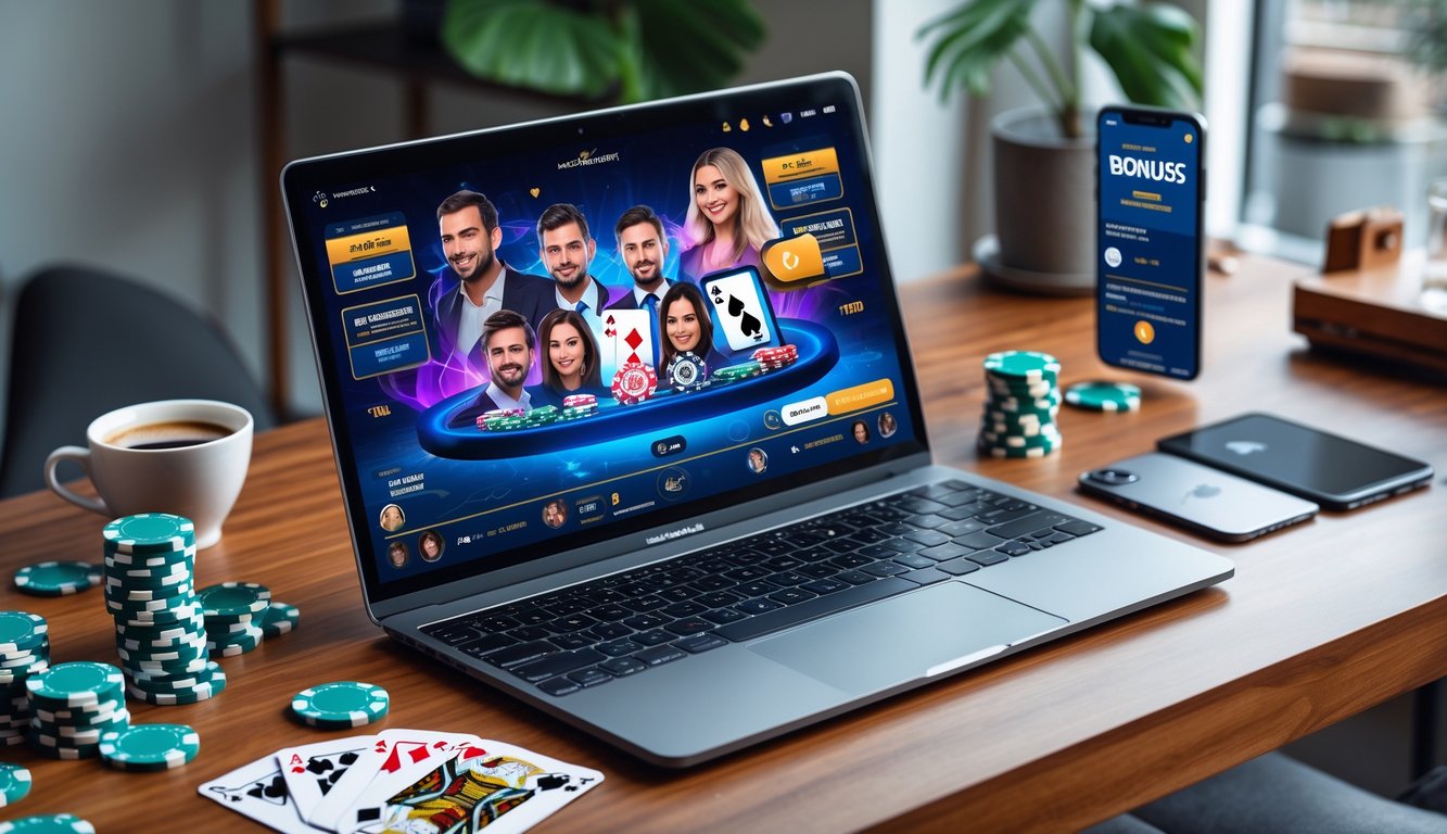 Seorang pemain poker online menggunakan laptop dengan kartu dan chip poker di meja, menampilkan suasana permainan poker Omaha dengan bonus menarik.