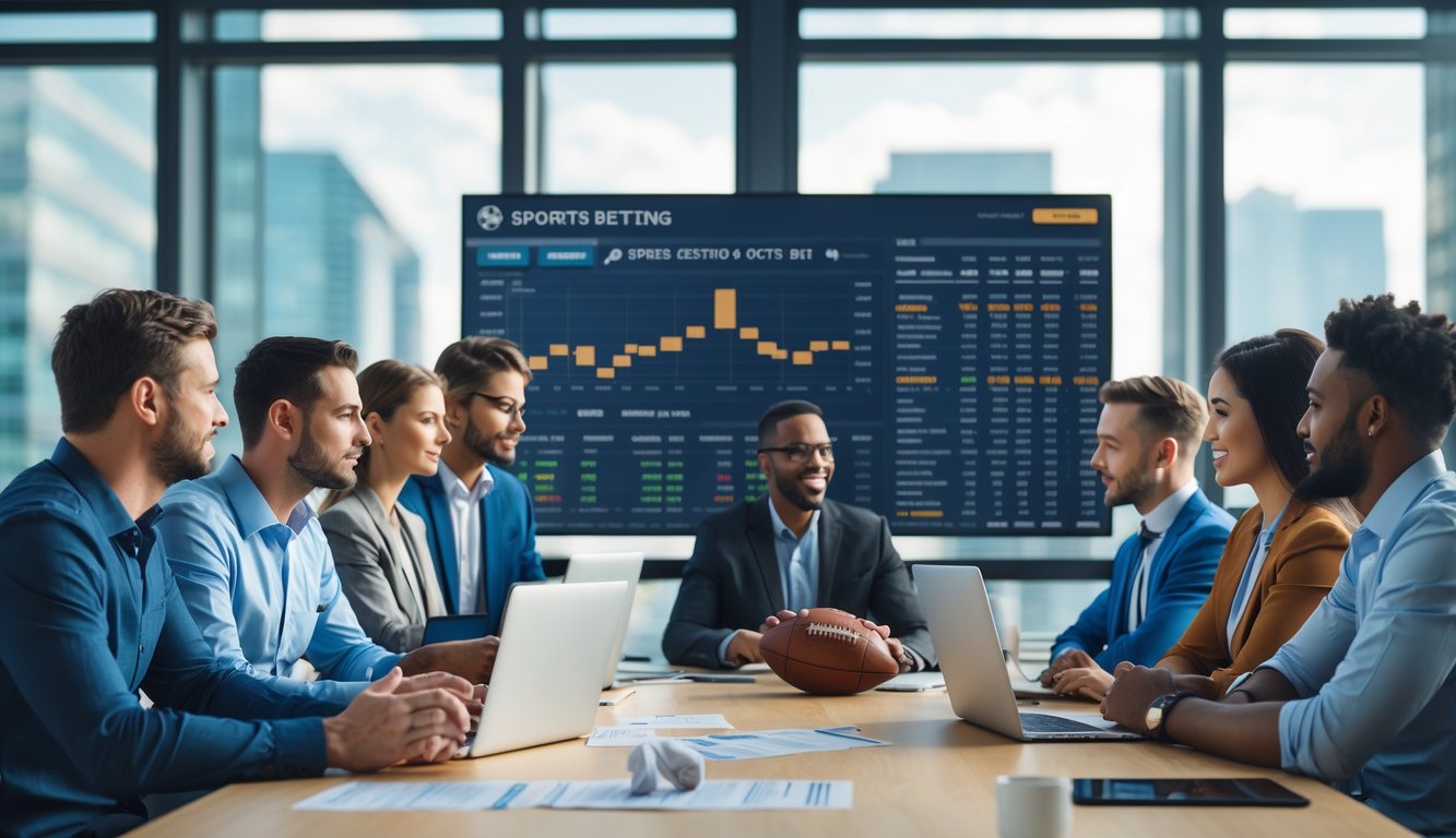 Sekelompok orang sedang berdiskusi di kantor modern dengan layar digital menampilkan statistik taruhan olahraga.