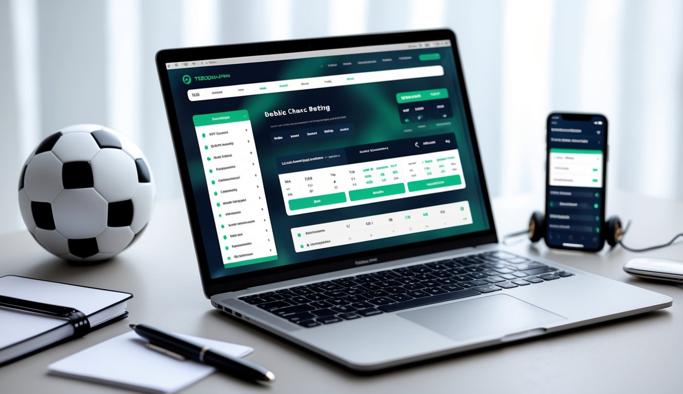 Meja kerja dengan laptop dan ponsel yang menampilkan situs taruhan bola online, bola sepak di samping perangkat.