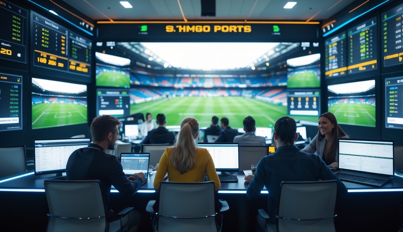 Orang-orang sedang memasang taruhan sepak bola di ruang taruhan modern dengan layar digital besar yang menampilkan statistik pertandingan secara langsung.