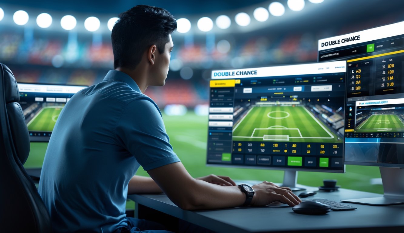 Seorang pria duduk di depan beberapa layar komputer yang menampilkan pertandingan sepak bola dan opsi taruhan dengan fokus dan serius.