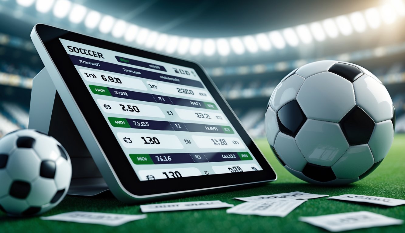 Sebuah perangkat layar sentuh menampilkan opsi taruhan sepak bola dengan bola sepak dan latar belakang stadion.