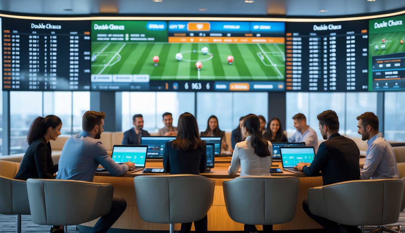 Beberapa orang sedang menggunakan perangkat elektronik untuk bertaruh pada pertandingan sepak bola di ruangan modern dengan layar besar yang menampilkan statistik dan peluang pertandingan.
