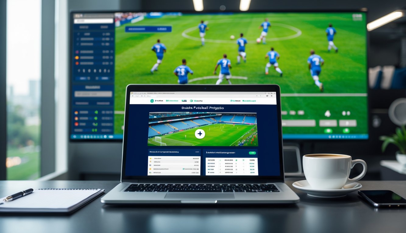 Seorang pria menggunakan laptop di meja kerja dengan layar menampilkan situs taruhan sepak bola, di latar belakang pertandingan sepak bola sedang berlangsung di layar besar.